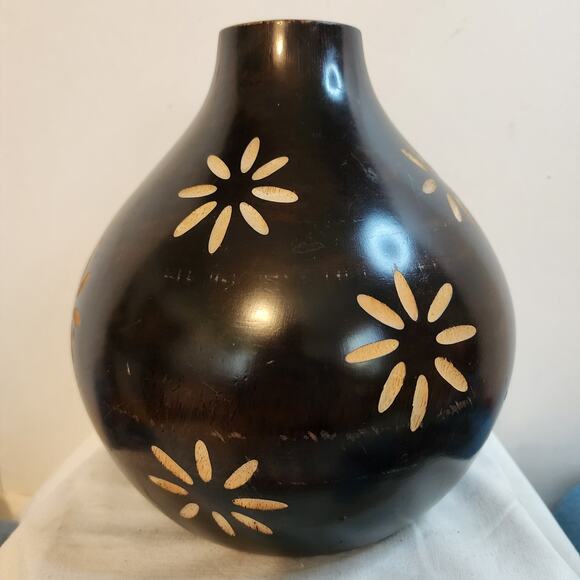 Vintage Polish Carved Wood Vase Floral Inlay Dark Brown Folk Art 8" Tall Heavy - Picture 1 of 10